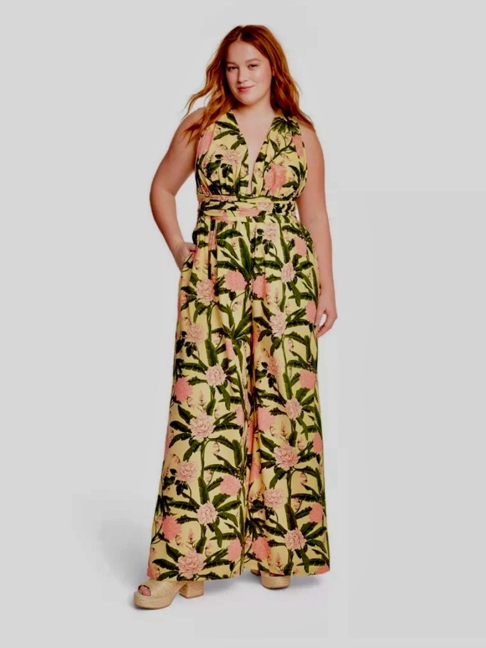 Agua Bendita Peony Botanical Floral Wide Leg Halter Jumpsuit Tropical Vacation